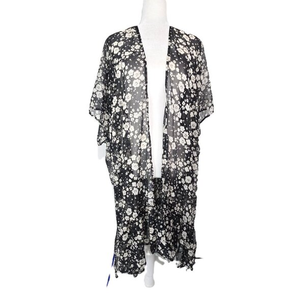 NWT LC LAuren COnrad Black White Floral Open Front Flowy BOho KImono Cardigan OS - Picture 3 of 10